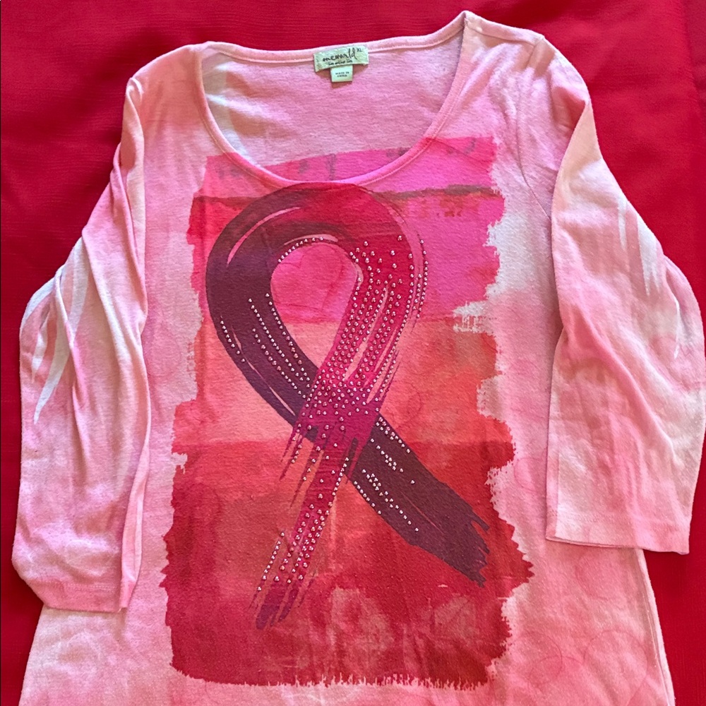 ONE WORLD Pink and Red 3/4 Sleeve Tee